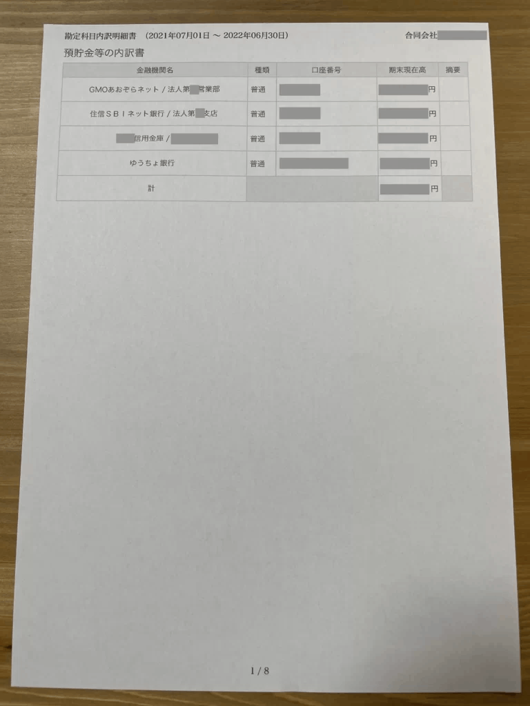 預貯金等の内訳書（勘定科目内訳明細書）