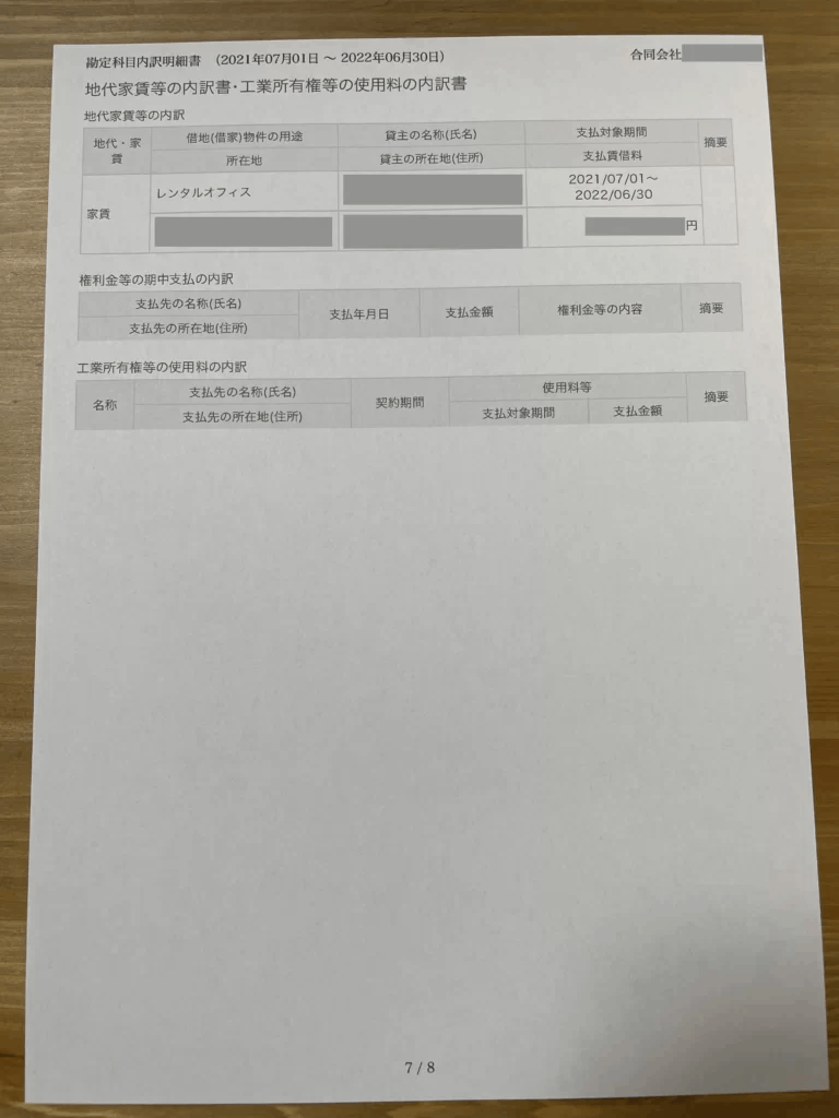 地代家賃等の内訳書・工業所有権等の使用料の内訳書（勘定科目内訳明細書）